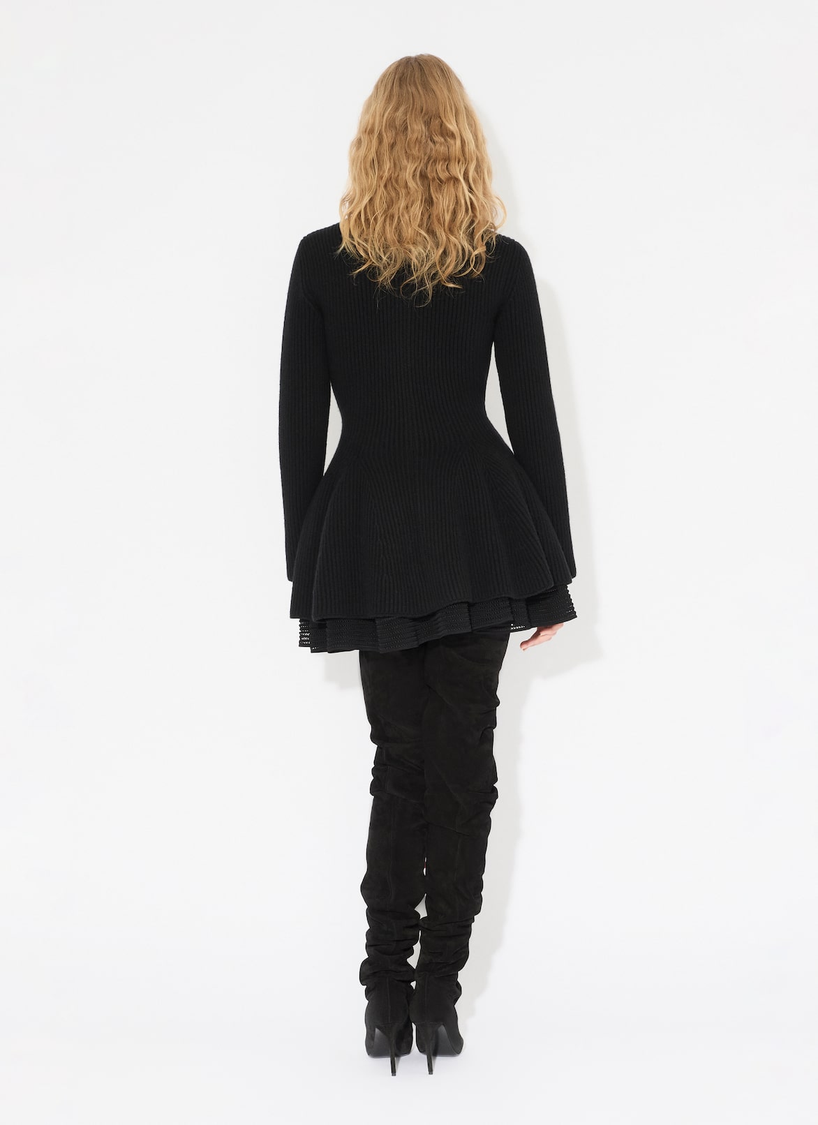 FLARED RIBBED KNIT CARDIGAN  ALAÏA BLACK FLARED RIBBED KNIT CARDIGAN